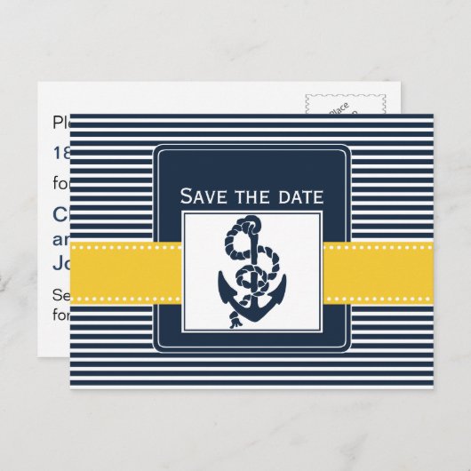Marinestreifen, Anker, nautisch Save the Date Ankündigungspostkarte (Vorne/Hinten)