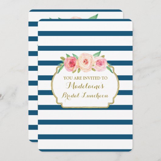 Marinestreifen Gold Rosa Blumensträuße Mittagessen Einladung (Vorne/Hinten)