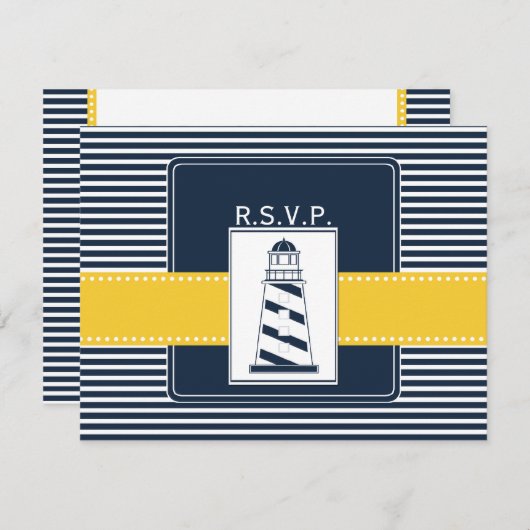 Marinestreifen, Leuchtturm, nautische Hochzeit Rsv RSVP Karte (Vorne/Hinten)