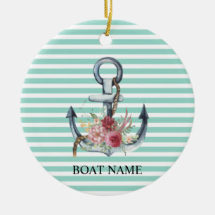 Maritim, Anker Blumen Mintgrüne Streifen Keramik Ornament