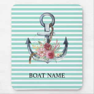 Maritim, Anker Blumen Mintgrüne Streifen Mousepad