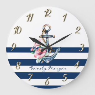 Maritim,Anker Blumen Navy Blau Streifen Große Wanduhr