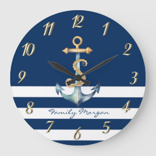 Maritim,Anker-Wasserfarbe Navyblau gestreift Große Wanduhr