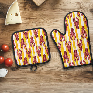 Maritim Aquarell Hummer Gelbe Streifen Ofenhandschuh & Topflappen-Set