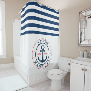 Maritim, Bootsname, Anker Marineblaue Streifen Duschvorhang