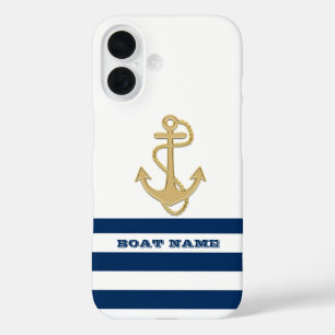 Maritim, Goldener Anker Marineblau Weiße Streifen iPhone 16 Hülle