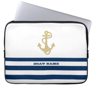 Maritim, Goldener Anker Marineblau Weiße Streifen Laptopschutzhülle