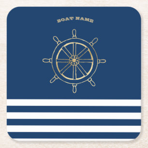 Maritim, Goldenes Bootssteuerrad, Marineblaue Stre Rechteckiger Pappuntersetzer