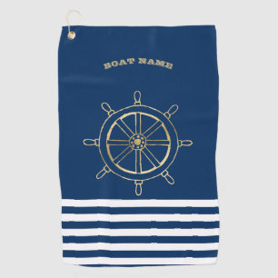 Maritim, Goldenes Bootssteuerrad, Navyblaue Streif Golfhandtuch