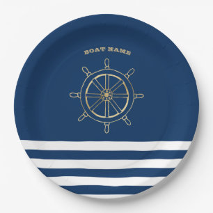 Maritim, Goldenes Bootssteuerrad, Navyblaue Streif Pappteller