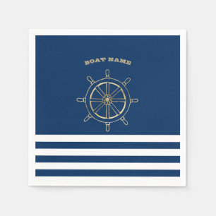 Maritim, Goldenes Bootssteuerrad, Navyblaue Streif Serviette