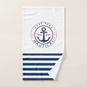 Maritim, Schiffsname, Anker Navy Blau Streifen Badhandtuch Set