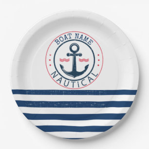 Maritim, Schiffsname, Anker Navy Blau Streifen Pappteller