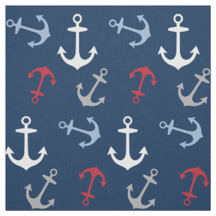 Maritime Anker Muster   Rot Weiß Navy Blau Stoff