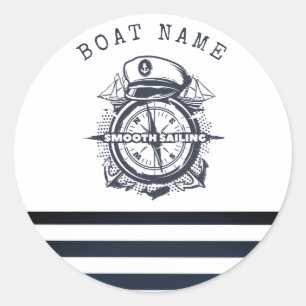 Maritime-Hut, Anker, Steuerrad Navy Blau Gestreift Runder Aufkleber