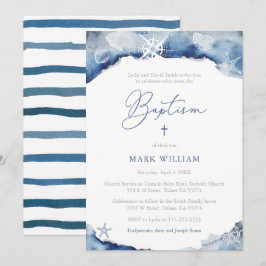 Maritime Indigo Watercolor Boy Taufe Party Einladung