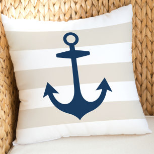 Maritime Marine Anker Beige Weiße Streifen Kissen