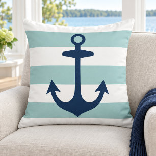 Maritime Marineanker Seafoam Weiße Streifen Kissen