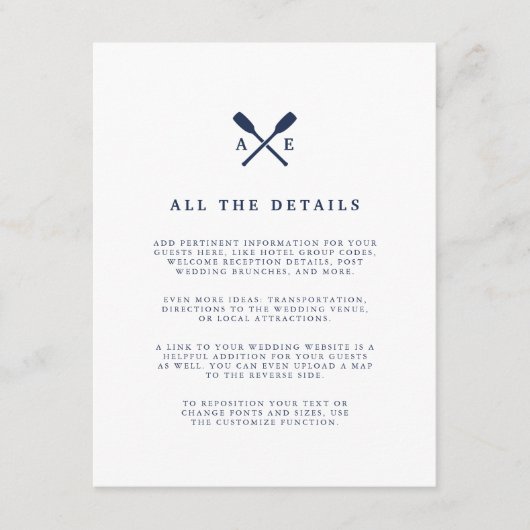 Maritime | Nautical Monogram Wedding Guest Details Begleitkarte (Vorderseite)