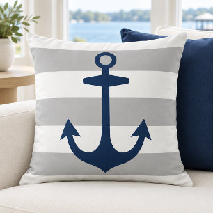 Maritime Navy-Anker Grau-Weiß-Streifen Kissen