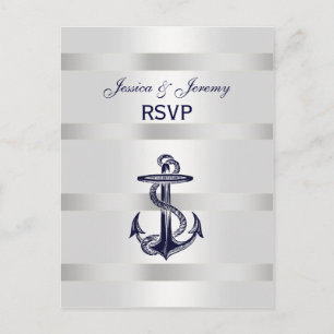 Maritime Navy Blau Anker Silber Wht RSVP 1 Einladungspostkarte