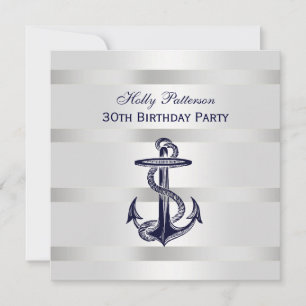 Maritime Navy Blau Anker Silber Wt BG SQ Geburtsta Einladung