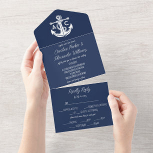 Maritime Navy Blau Elegante Moderne Ozean-Hochzeit All In One Einladung