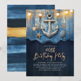 Maritime Navy Blau & Gold Anker Geburtstagsfeier Einladung
