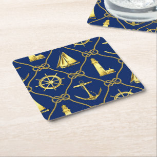 Maritime Navy Blau Gold Anker Seil Leuchtturm Rechteckiger Pappuntersetzer