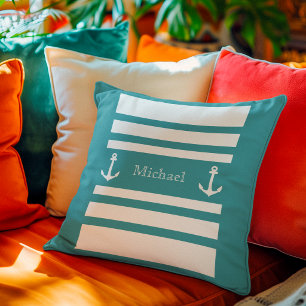 Maritime Soft Blau Weiße Streifen Anker Name Kissen