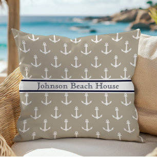Maritime Taupe Blau Weiß Anker Muster Name Kissen