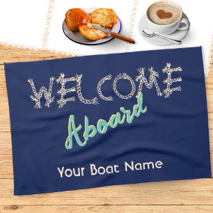 Maritime Willkommen an Bord Bootsname Navy Blau Geschirrtuch