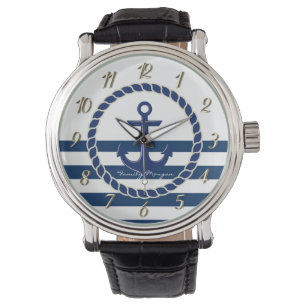 Maritimer Schiffsname, Anker Navy Blau Gestreift Armbanduhr