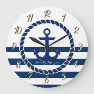 Maritimer Schiffsname, Anker Navy Blau Gestreift Große Wanduhr