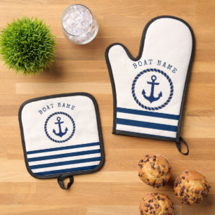 Maritimer Schiffsname, Anker Navy Blau Gestreift Ofenhandschuh & Topflappen-Set
