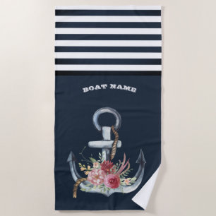 Maritimes Anker Blumen Bootsname Navyblauer Streif Strandtuch