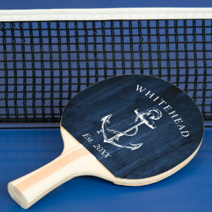 Maritimes Anker-Monogramm Navy Blau Holz Tischtennis Schläger