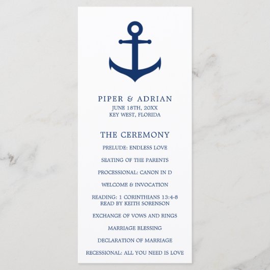 Maritimes Anker Navy Blau Elegante Hochzeit Programm (Vorderseite)