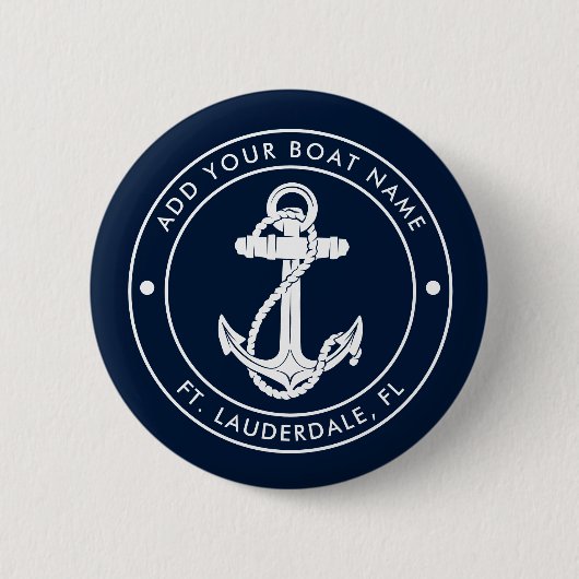 Maritimes Anker und Bootsname Navy Blau Custom Button (Vorderseite)