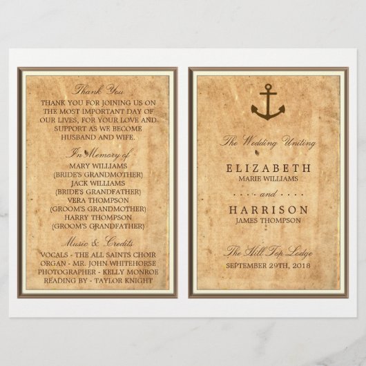 Maritimes Anker Vintage-Papier Hochzeitsprogramm (Vorderseite)