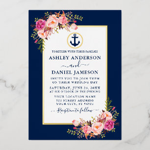Maritimes Anker-Wasserfarbe Rosa Floral Blau Gold Folieneinladung
