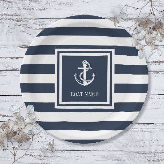 Maritimes Ankertau Boot Name Navy Blau Gestreift Pappteller