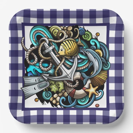 Maritimes blaues Gingham-Papierteller Pappteller (Vorderseite)