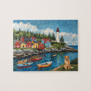 Maritimes Dorf Leuchtturm & Golden Retriever Puzzle