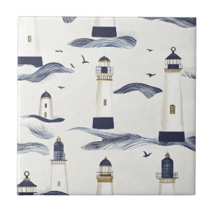 Maritimes Leuchtturm-Küstenblau-Muster Fliese