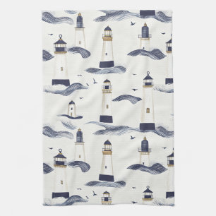 Maritimes Leuchtturm-Küstenblau-Muster Geschirrtuch