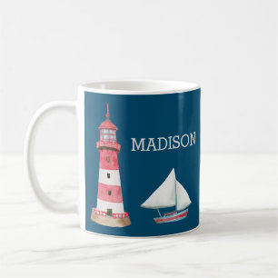 Maritimes Leuchtturm-Segelboot-Name Rot Weiß Blau Kaffeetasse