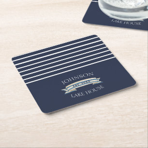Maritimes Navy Blau gestreiftes Landhaus Name Rechteckiger Pappuntersetzer