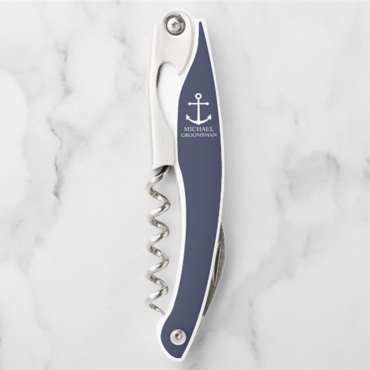 Maritimes Navy Blaues Anker Personalisierte Trauze Kellnermesser (Vorderseite)