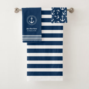 Maritimes Navy-Boot-Namensanker-Streifen Badhandtuch Set